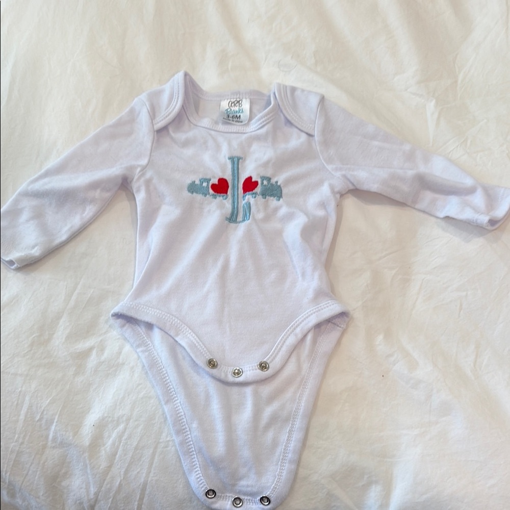 White Baby One Piece with L monogram and Heart Design